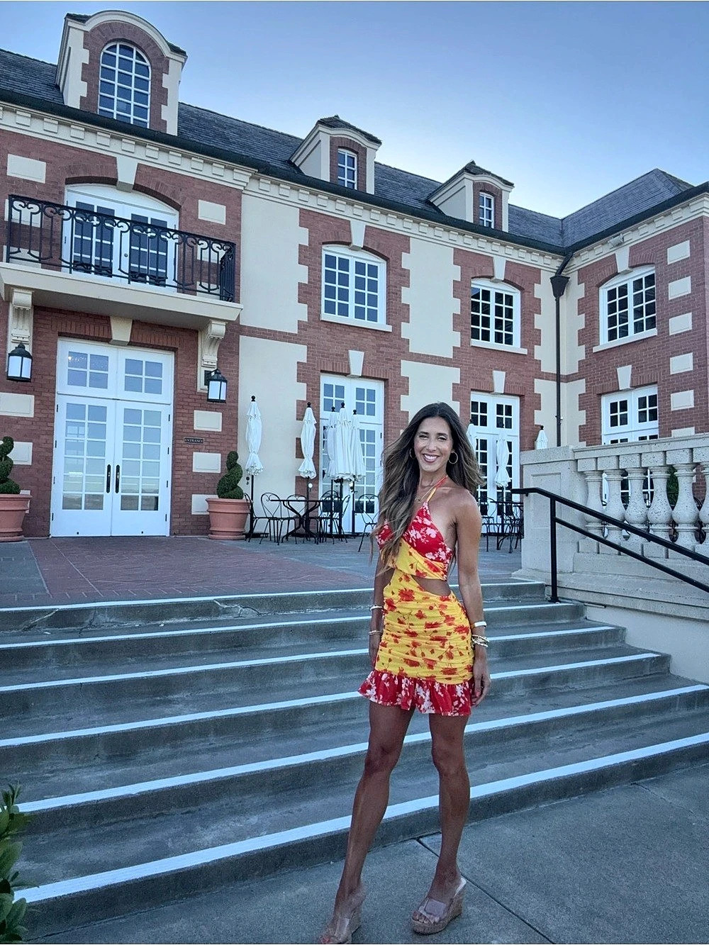 Yellow Base Red Floral Print Chiffon Halter Tie Ruched Flare Mini Dress - Picture 5 of 6